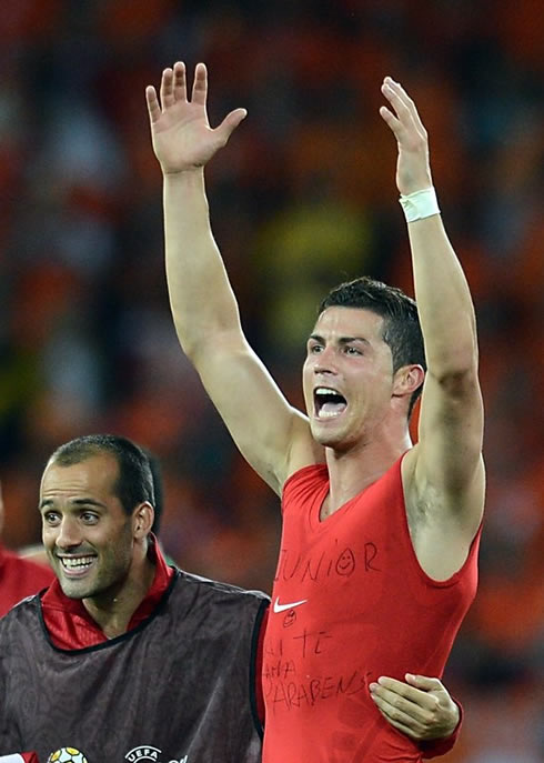 Cristiano Ronaldo and Rúben Micael, celebrating Portugal victory at the EURO 2012