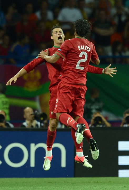 Cristiano Ronaldo and Bruno Alves celebrating Portugal goal against the Netherlands, in a 2-1 win at the EURO 2012