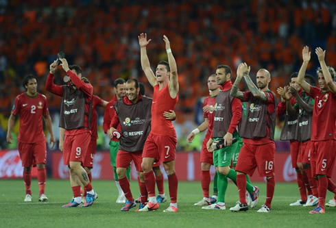 Cristiano Ronaldo and the rest of the Portuguese National Team players, thanking the fans and supporters in the stadium after their win against Holland in the EURO 2012