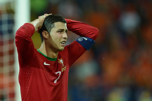 Cristiano Ronaldo sad for wasting a good chance for Portugal, in the EURO 2012