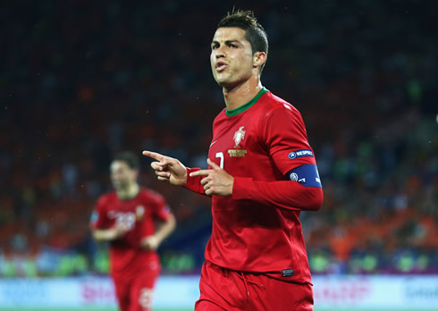 Cristiano Ronaldo celebrating Portugal goal in a gunman style celebration, at the EURO 2012