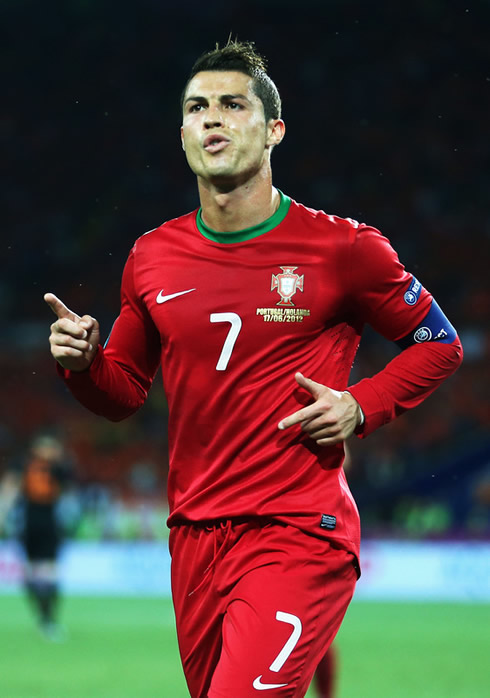 Cristiano Ronaldo relaxed goal celebration in the EURO 2012, as he scores the equalizer in Portugal vs Netherlands