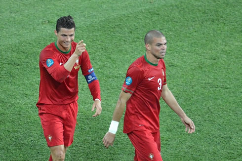 Cristiano Ronaldo and Pepe in the EURO 2012, as Portugal beats Holland by 2-1