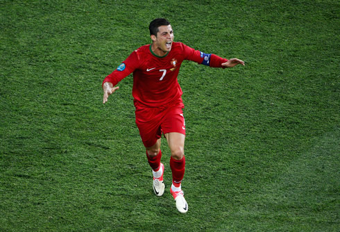 Cristiano Ronaldo in absolute joy running to celebrate Portugal goal in a 2-1 victory against the Netherlands in the EURO 2012