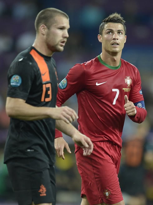 Cristiano Ronaldo and a Dutch defender at the EURO 2012