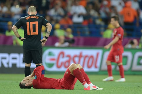 Cristiano Ronaldo gets down on his back and starts crying in the EURO 2012, after Portugal defeated Holland by 2-1 and assured their passage to the quarter-finals
