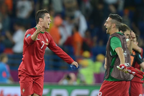 Cristiano Ronaldo celebrating with Miguel Lopes, in the EURO 2012