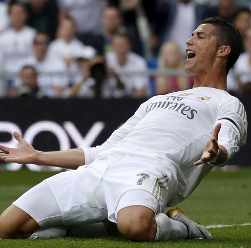 Cristiano Ronaldo goes down to his knees to claim for a foul made on him