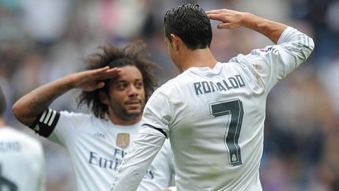 Cristiano Ronaldo salutation goal celebration with Marcelo after scoring another goal for Real Madrid