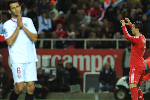 Cristiano Ronaldo doing the hand-claw gesture celebration, after scoring against Sevilla