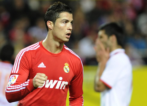 Cristiano Ronaldo with his fist clenched, after another Real Madrid goal against Sevilla