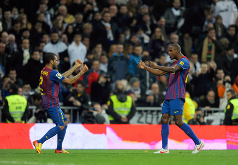 Daniel Alves and Eric Abidal dancing 'Ai se eu te pego' from Michel Teló, in Real Madrid vs Barcelona, for the Copa del Rey 2011-2012 at the Santiago Bernabéu