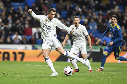 Cristiano Ronaldo trying to finish his chance using his left foot in Real Madrid v Celta de Vigo for the Copa del Rey in 2017