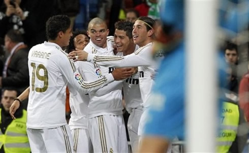 Cristiano Ronaldo, Varane, Marcelo, Pepe and Sergio Ramos in absolute joy while celebrating Ronaldo first goal