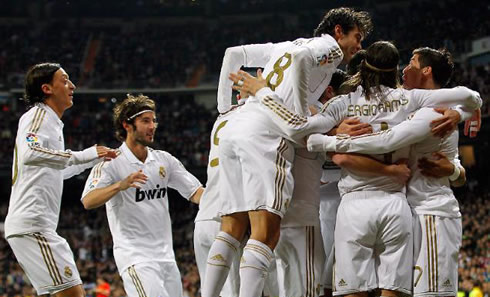 Cristiano Ronaldo and Real Madrid players celebrating the opener, as Real Madrid takes Racing Santander for La Liga, in February 2012