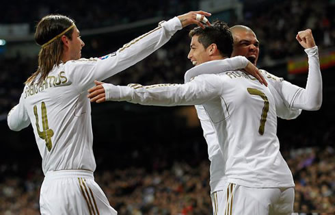Cristiano Ronaldo Sérgio Ramos and Pepe, celebrate another goal for Real Madrid in 2012
