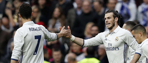 Cristiano Ronaldo greeting Gareth Bale in a Real Madrid home fixture in February of 2017