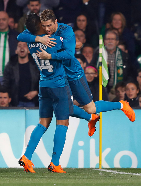 Cristiano Ronaldo jumping to Casemiro lap after a Real Madrid goal
