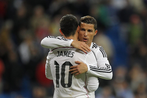 Cristiano Ronaldo hugging James Rodríguez after his goal for Real Madrid