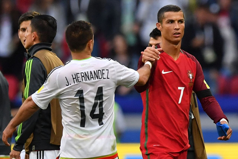 Chicharito and Cristiano Ronaldo greet each other in a Portugal vs Mexico fixture for the Confederations Cup in 2017