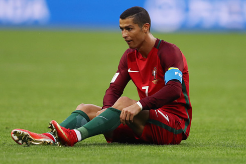 Cristiano Ronaldo pulls his socks up during a game for Portugal in the 2017 FIFA Confederations Cup