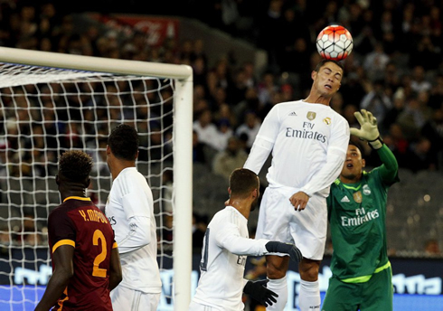 Cristiano Ronaldo rising high in the air, above Keylor Navas reach