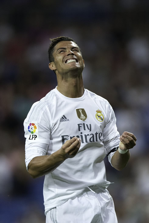 Cristiano Ronaldo reacts after missing a good chance for Real Madrid in 2015