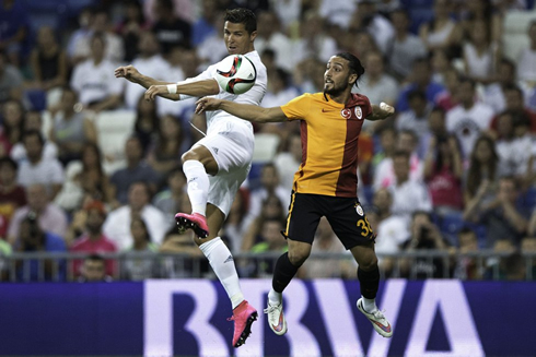 Cristiano Ronaldo jumping higher than a Galatasaray player in the Bernabéu trophy game in 2015