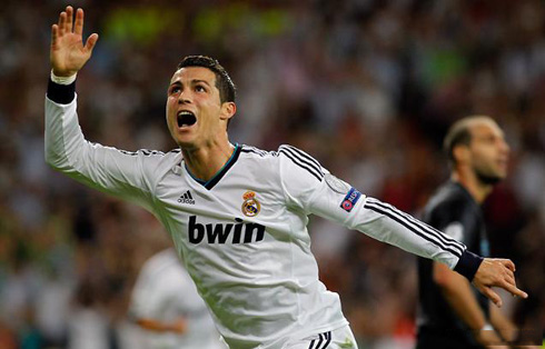 Cristiano Ronaldo happy celebration after scoring the winner in a Real Madrid 3-2 thrilling victory against Manchester City, in the UEFA Champions League 2012-2013