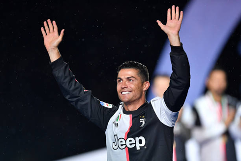 Cristiano Ronaldo happy and smiling in Juventus Serie A title celebration in Turin