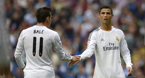 Cristiano Ronaldo greeting Gareth Bale, during Real Madrid vs Malaga