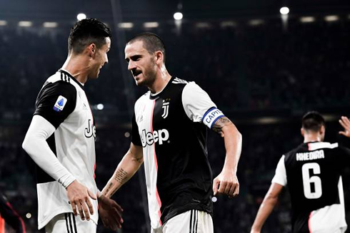 Cristiano Ronaldo celebrates Juventus goal with the captain, Bonucci