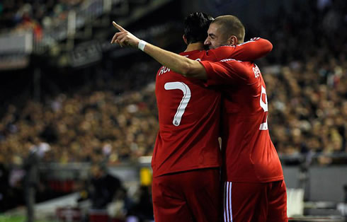 Karim Benzema and Cristiano Ronaldo celebrating a goal for Real Madrid together