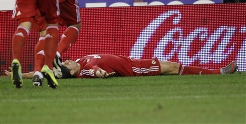 Cristiano Ronaldo acting as dead on the Mestalla, in Valencia vs Real Madrid for the Spanish League La Liga 2011/2012