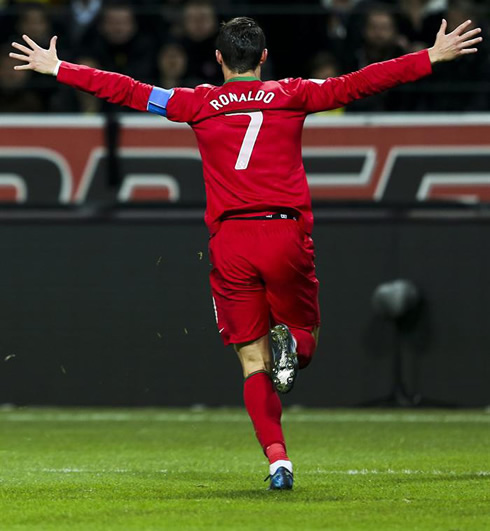 Cristiano Ronaldo photo from his back, running around in Sweden after scoring for Portugal
