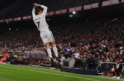 Cristiano Ronaldo jumps to celebrate his goal in Atletico Madrid vs Real Madrid