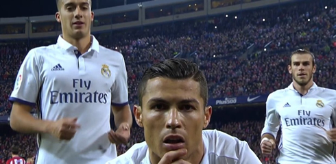 Cristiano Ronaldo stares at the TV cameras after scoring in Atletico Madrid vs Real Madrid in 2016