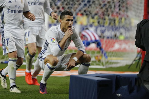 Cristiano Ronaldo looking at the TV camera after his goal against Atletico Madrid