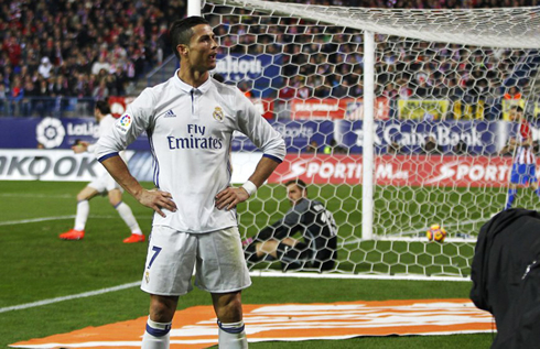 Cristiano Ronaldo superman pose, in Atletico Madrid vs Real Madrid in 2016