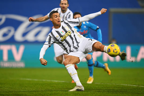 Cristiano Ronaldo scoring Juventus goal in the Italian Supercoppa win, in 2021