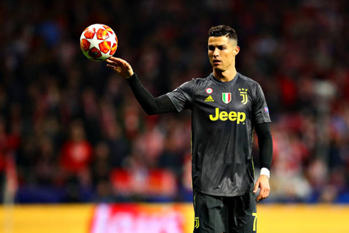 Cristiano Ronaldo handling the ball in a Champions League game at the Wanda Metropolitano, in 2019