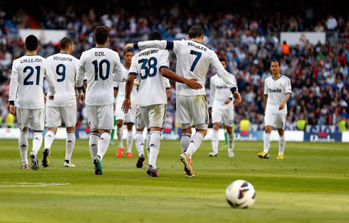 Cristiano Ronaldo holds to Casemiro, as they both celebrate Real Madrid goal against Betis, in La Liga 2013