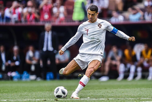Cristiano Ronaldo taking a free-kick in the FIFA World Cup in 2018