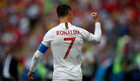 Cristiano Ronaldo celebrates by turning to Portugal bench and showing his fist clenched