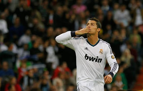 Cristiano Ronaldo sending kisses to the fans at the Santiago Bernabéu, after Real Madrid clinched a 2-0 win against Celta de Vigo, in 2012-2013