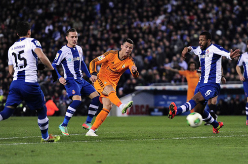 Cristiano Ronaldo striking the football in the Copa del Rey tie between Espanyol and Real Madrid