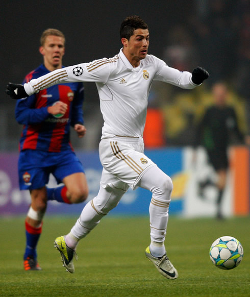 Cristiano Ronaldo running at full throttle, in CSKA Moscow vs Real Madrid, for a UEFA Champions League game in 2012