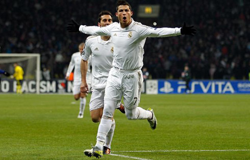 Cristiano Ronaldo making a scary face as he celebrates Real Madrid goal against CSKA Moscow in 2012