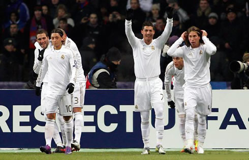 Cristiano Ronaldo making the claw gesture celebration after scoring his first against CSKA Moscow, in 2012