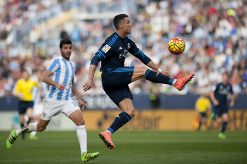 Cristiano Ronaldo prepares to bring the ball down, in a away fixture in La Liga, in 2016